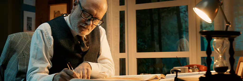 Professor lendo livro em escritório