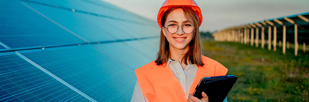 moça com prancheta e capacete em campo de energia solar