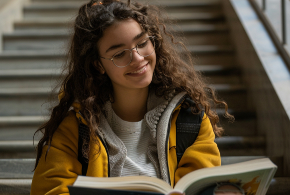 Estudantes universitária feliz estudando para manter seu desempenho acadêmico para não perder a bolsa de estudos que conseguiu após ter lido o post "Quais são as melhores dicas para se conseguir bolsas de estudos para faculdade?".