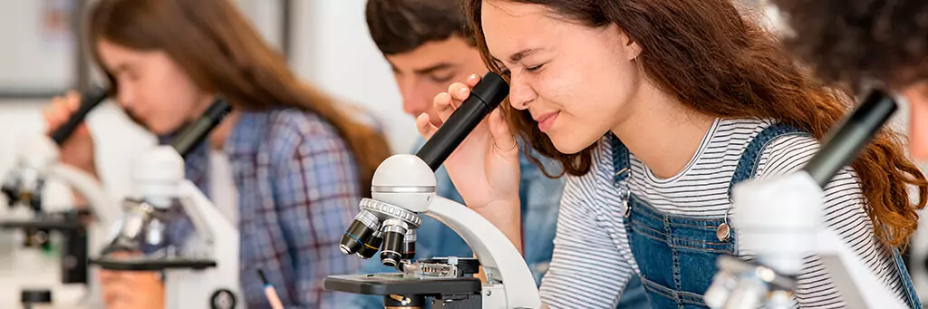 estudantes olhando em microscópio em sala de aula
