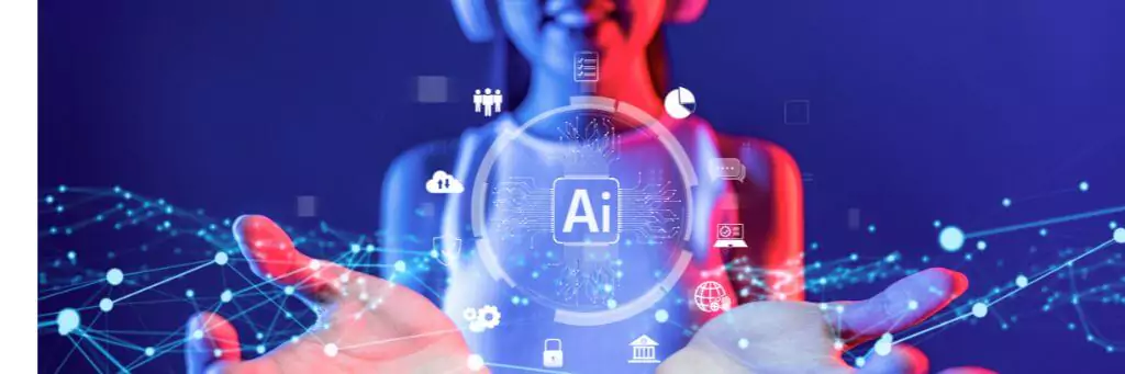 moça com símbolos de ia e mãos abertas