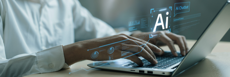 Profissional trabalhando no computador. Efeitos que remetem à inteligência artificial sobrescritos na imagem.