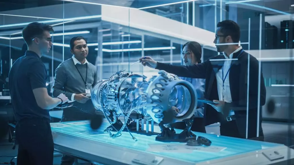 equipe analisando protótipo de motor