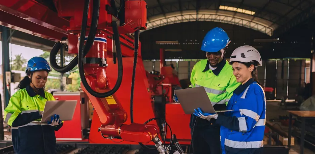 alunos analisando dados em computador ao lado de robô industrial