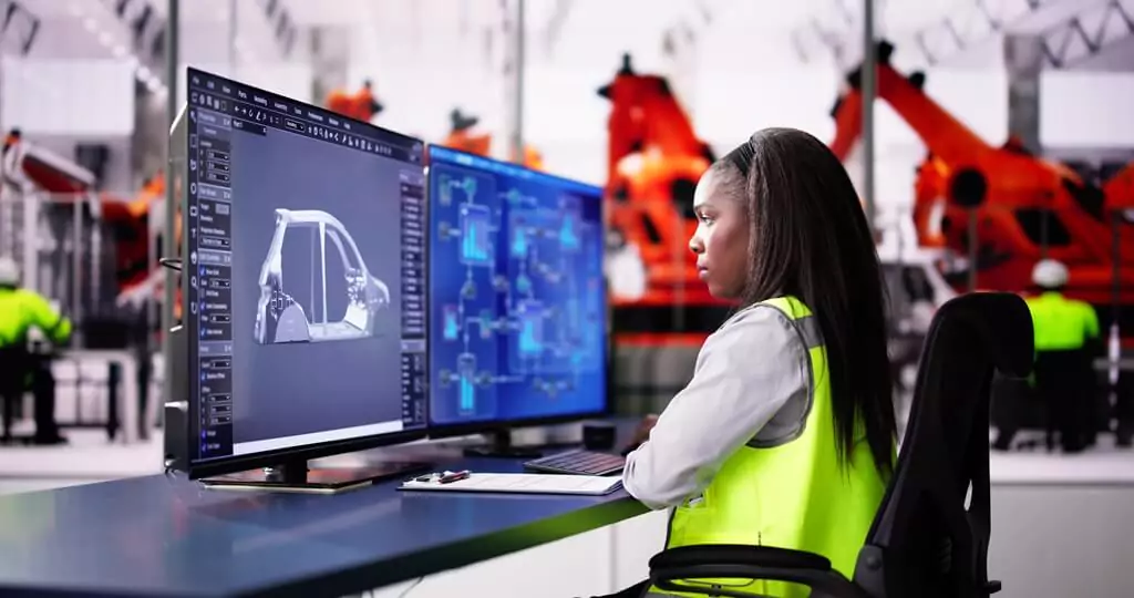 moça com projeto de carro em computador em fábrica