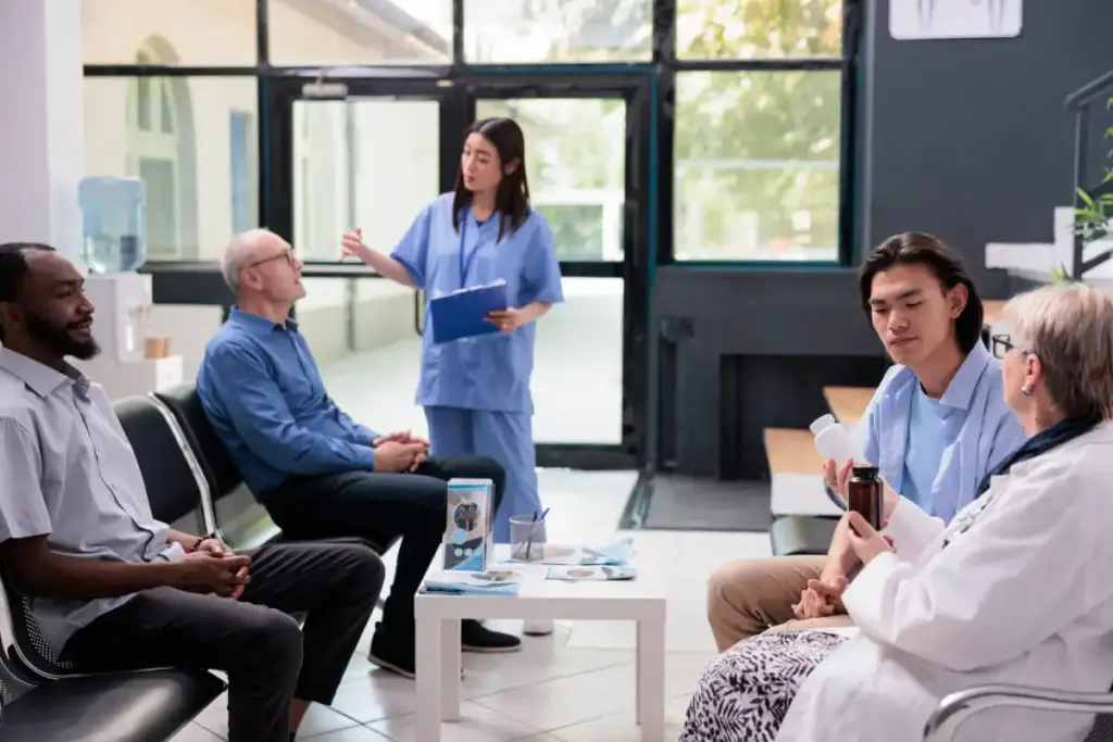 Médicas direcionando medicações e instruindo pacientes no hall do hospital